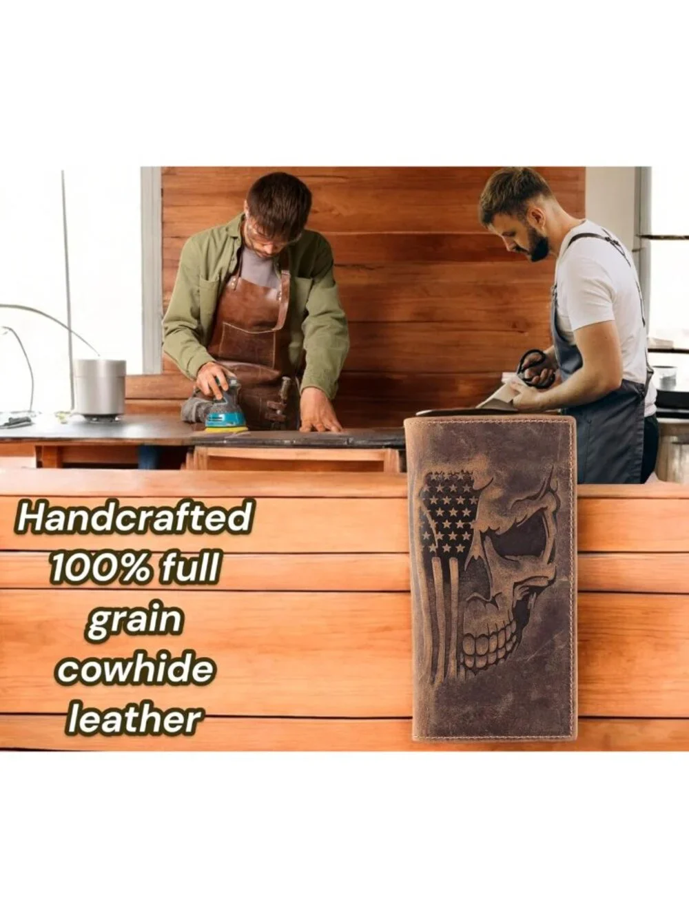 Vintage Genuine Leather Men's Bifold Wallet with RFID Protection, Brown Skull